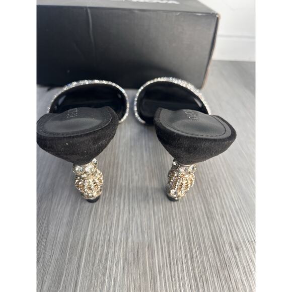 Fashion Nova Black Square Toe suede Mules With Rhinestone Straps And Sphere Heel - Picture 4 of 10